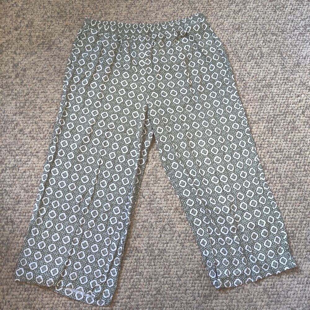 Woman Within Wide Leg Printed Pull On Pants Olive & White Sz 26W Petite Rayon